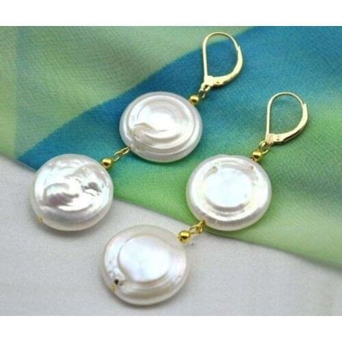 11-12MM AAA WHITE COIN PEARL DANGLE BAROQUE EARRING 14k/20