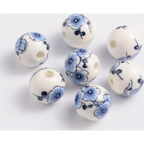 200pcs Blue Round Handmade Printed Porcelain Beads 12mm Fashion Jewelry Making Bead DIY Bracelet Necklace Supplies Wholesale