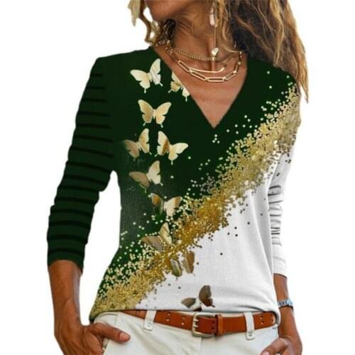 2021 Womens V-neck Pullovers Tops Ladies Tee Casual Gold Butterfly Print Shirts Long Sleeve Top Fashion T Shirt S-3XL Black