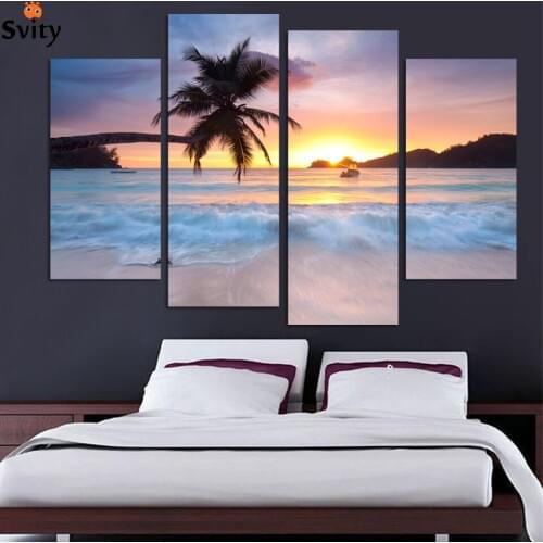4 Panel painting Free shipping ocean sea art canvas Wall hanging art art sunset yellow Picture Modern living room Decorative
