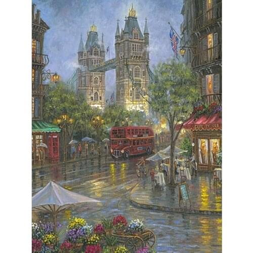5D DIY Diamond Painting The Rain Street Corner Tower Bridge Full Drill Diamond Embroidery Mosaic Rhinestone Home Decor Gifts