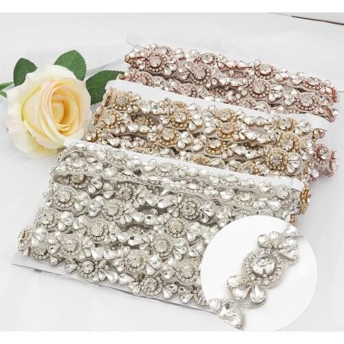 YANSTAR 1Yard Rhinestone Appliques For Wedding Dress Belts Clear Rose Gold Crystal Appliques For Bridal Gown YS926
