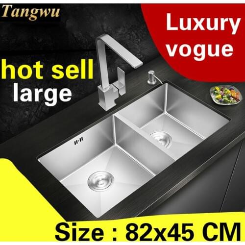 Free shipping Apartment luxury large kitchen manual sink double groove 304 stainless steel high quality hot sell 820x450 MM