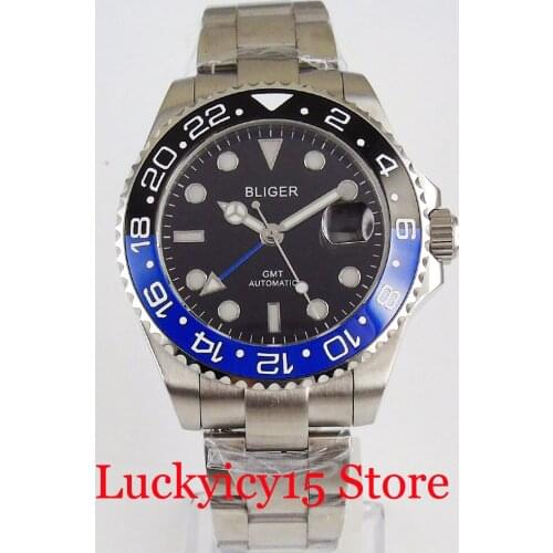 BLIGER Brand 40mm GMT Hand Automatic Men Watch Date Window Rotating Bezel Ceramic Bezel Insert