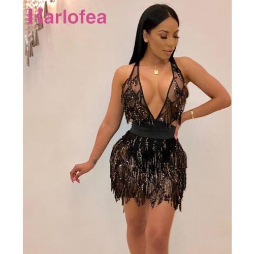 Karlofea Women Sexy Deep V Neck Club Night Party Wear Vestidos Shiny Sequin Fringe Backless Lace Up New Sheer Mesh Mini Dresses