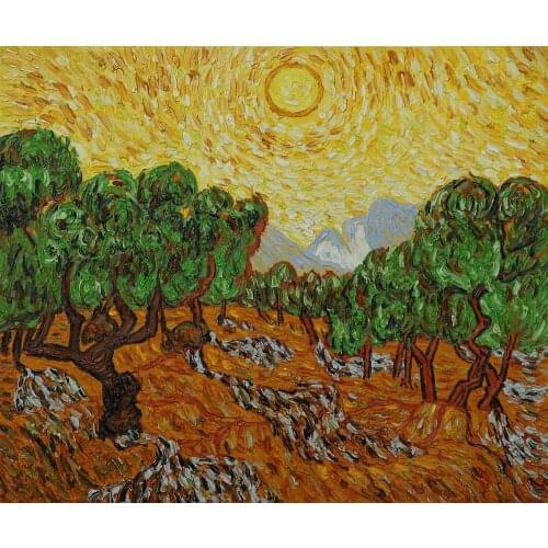 Handmade Oil Painting Landscape Olive Trees with Yellow Sun and Sky by Vincent Van Gogh Canvas Wall Painting Frameless