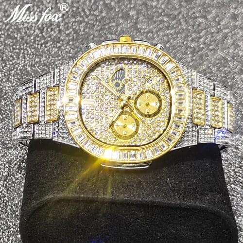 MISSFOX Full Diamond Moon Phase Watches Men Premium Gold Bling Chronograph Wristwatch Luxury Fashion High Quality Man Watches