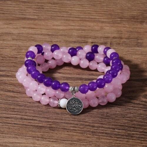 OAIITE Amethyst & Rose Quartz Stone Necklace Women Mala Bead Prayer Necklaces Meditation Yoga Bracelet Healing Spiritual Jewelry