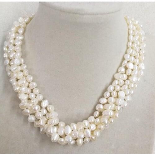 5 strands 7mm bright white baroque flat real pearl necklace natural freshwater pearl Woman Jewelry 43cm 17'' 14'' 35cm