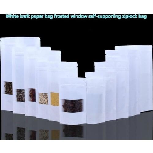 50pcs/100pcs/lot 10sizes White Kraft Paper Frosted Window Self Zipper lock Bag Dog Food Dried Fruit Tea Food Packaging