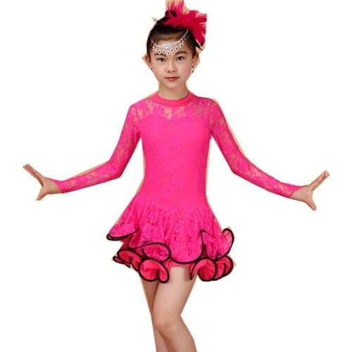 Latin Fringe Dance Dress Girl Lace Samba Ballroom Skirt Lace Long Sleeved Tassel Dress