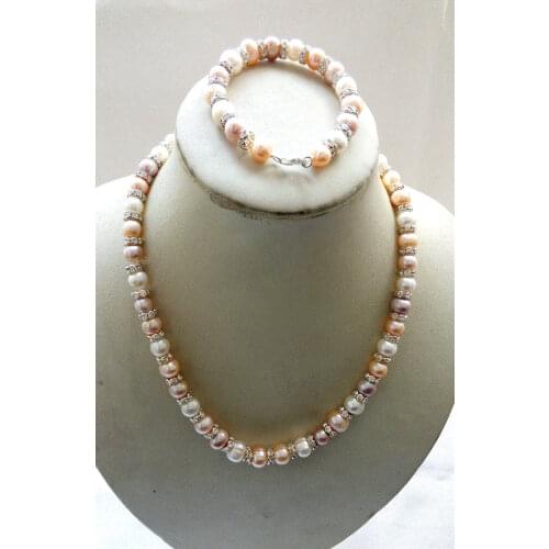 Selling Jewelry>>>8-9mm white pink purple freshwater pearl necklace bracelet rhinestone set EUB