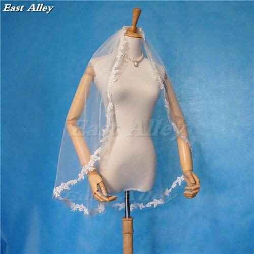 Simple One Tier Lace Trim Bridal Veil Fingertip Length High Quality Handmade Wedding Veil in White , Ivory, Champagne,Black