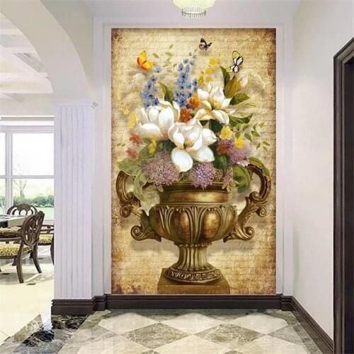Custom Size Self Adhesive wallpapers 3d photo murals European retro painting vase Floral entrance hallway aisle papel de parede