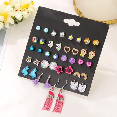 JWEIJIAO Animal Rainbow Flower Small Stud Earrings Fashion Geometry Jewelry Charm Girl Accessories Party Souvenir Earring E0373