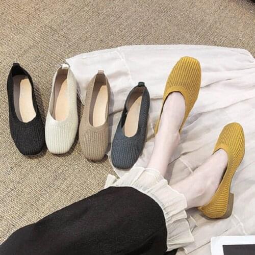 Knitted Breathable Casual Womens Shoes Spring And Summer New Everyday All-Match Square Toe Shallow Flat Shoes