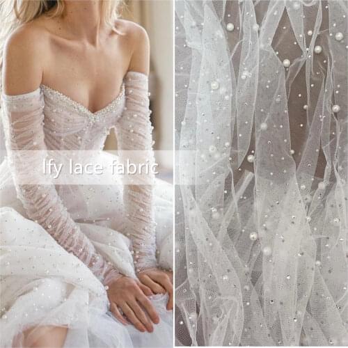 5 Yards Off White Light And Soft Tulle With Big and Small Pearl Stones Wedding Bridal Veil DIY Dress Gwon Lace Fabric Material