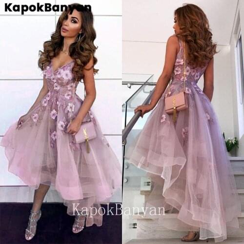 Flowers V-neck Backless Zipper Hi-Lo Prom Dress Ruffle Organza Party Gown