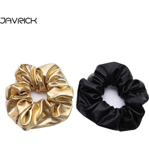 Women Girls Wide Elastic Rubber Band Glitter Gold/Back Faux Leather Hair Rope Ruched Dancing Ponytail Holder Party Scrunchies