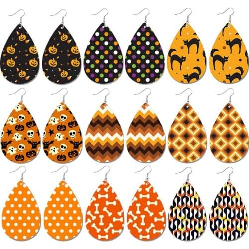 Halloween Cat Pumpkin Leather Earrings for Women Bat Goast Skull Polka Dot Spider Web Bone Water Drop Earrings Fashion Jewelry