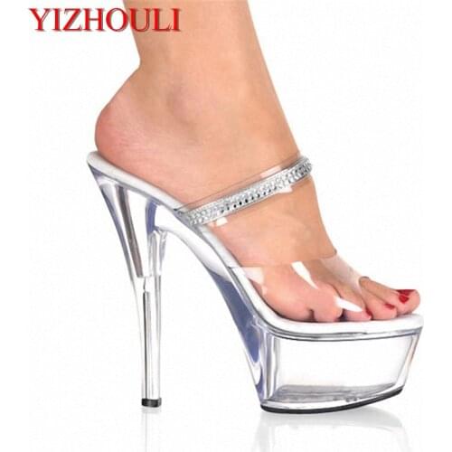 Lady Fashion 6 Inch High Heel Shoes Sexy Party Crystal Slippers Rhinestone Clear Sandals Platform 15cm Ultra High Heels Slippers