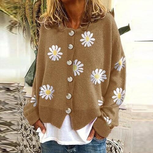 Womens Little Daisy Sweater Cardigan Top 2021 Ladies Casual Long Sleeve V Neck Floral Print Loose Knit Lossen Single-breasted