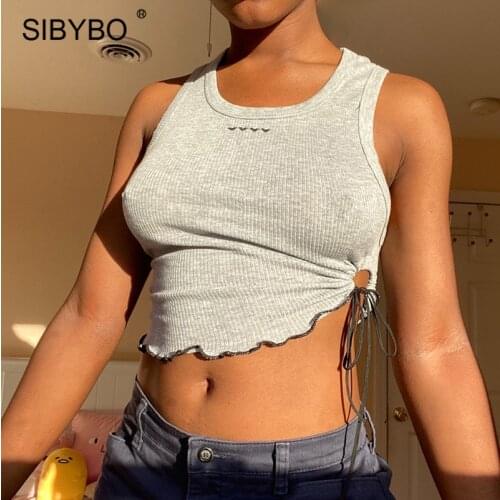Sibybo Rib Knitted Embroidered Crop Tops Women Shirts Summer Lace Up Slim Tank Tops Black High Street Casual Corset Bustier Top
