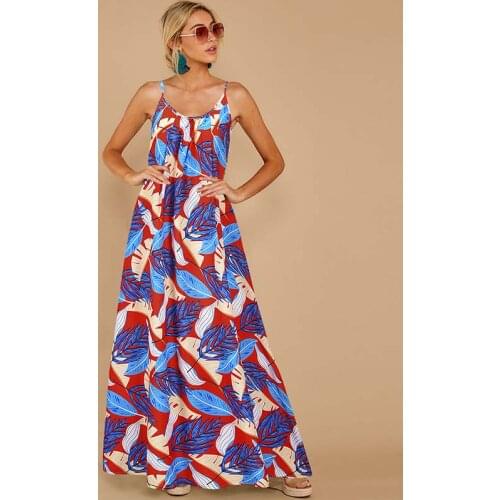 Plus Size Women Clothing Sleeveless Spaghetti Straps Long Dress Floral Print Loose Casual Fashion Beach Party Summer Dress Robe