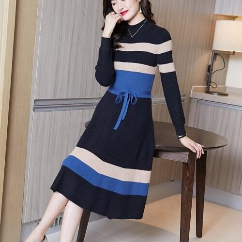 Ladies Autumn And Winter Clothing Stitching Over The Knee Md-Length Sweater Dress Fashion Hit Color Striped Slim Knit Dress y805
