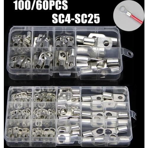 100/60Pcs SC Bare Terminals lug Tinned Copper Tube Lug Ring Seal Battery Wire Connectors Bare Cable Crimped/Soldered Terminal