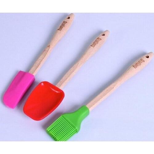 100sets/lot, 3pcs/set Mini Wood handle children Kitchen Cake Scraper,brush Premium Silicone Spatula Baking Bakeware Tool