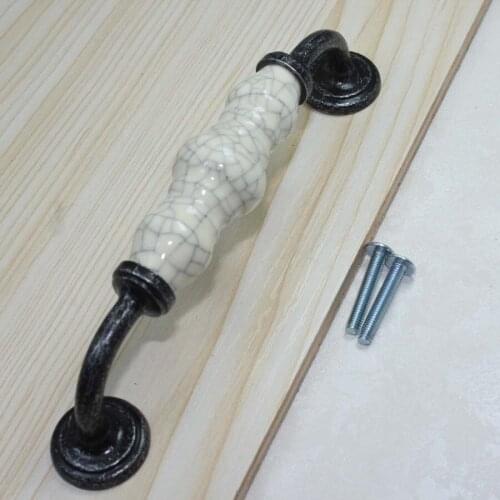 128mm Crack Ceramic kitchen cabinet wardrobe door handles 5" Antique iron drawer dresser vintage furniture door handles pulls