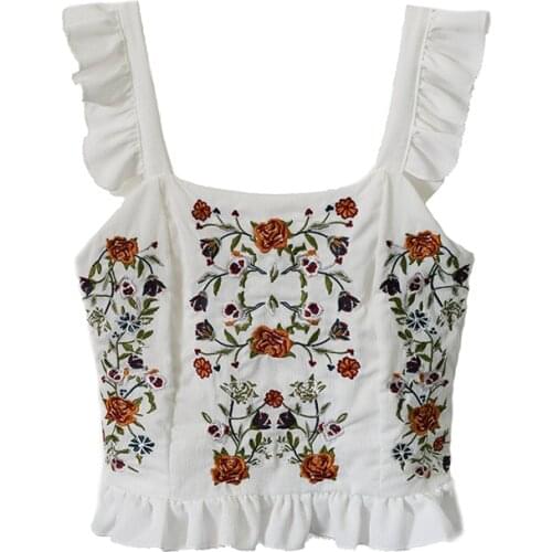 2021 Summer Girl Camis Women Elegant Vintage Sexy Spaghetti Strap Black Chiffon Embroidery Ruffle Corset Crop Tank Tops Clubwear