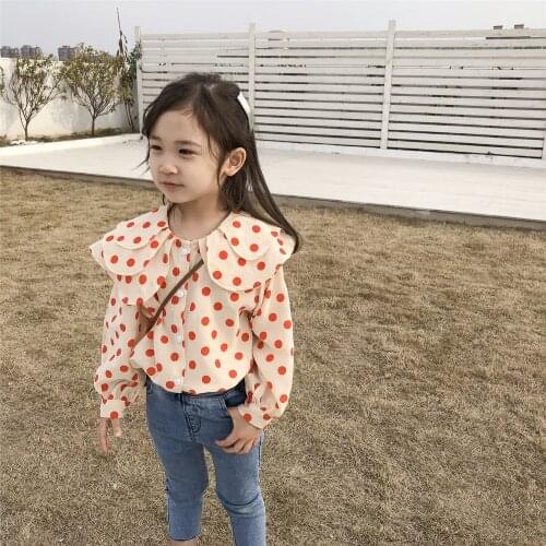 2 3 4 5 6 Years Toddler Girls Blouses Fashion Korean Lotus Leaf Collar Wave Point Tops for Girls Autumn 2019 Kids Clothing Shirt