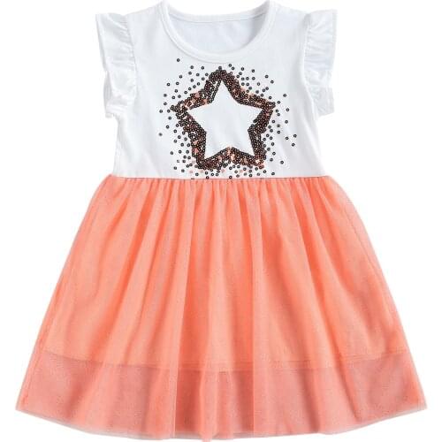 OPPERIAYA Baby Girls Sequins Star One-piece Dress Summer lovely Round Neck Short Falbala Sleeve Elastic Mesh Dresses Daily Life