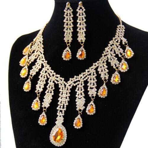Chran Long Tassels Design Teardrop Crystal Wedding Jewelry Sets for Women Elegant Gold Color Rhinestone Bridal Jewelry Set