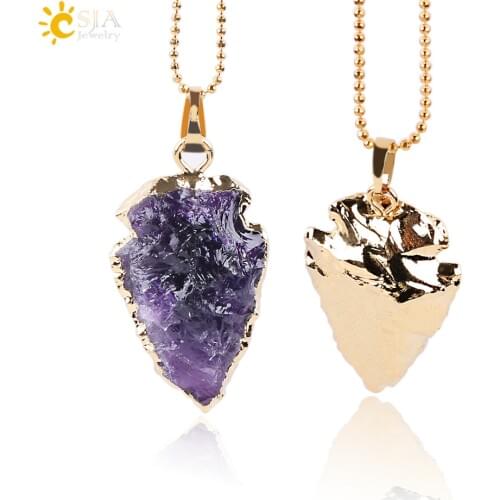 CSJA Natural Purple Rock Crystal Quartz Arrowhead Necklaces & Pendants Reiki Gem Stone Electroplated Gold Color Men Jewelry E633
