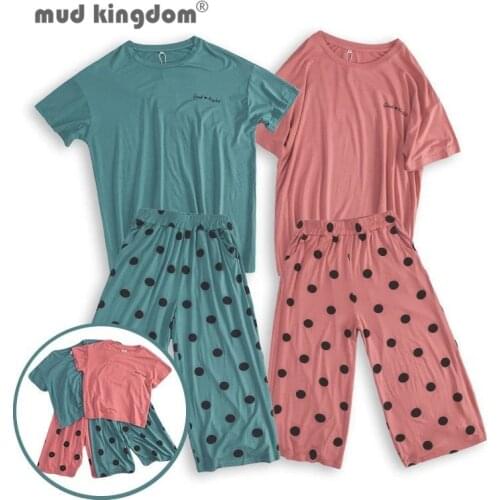 Mudkingdom Mother Daughter T-shirts Pants Sets Family Matching Summer Letter Tops Dot Loose Trousers for Kids Outfits Clothes
