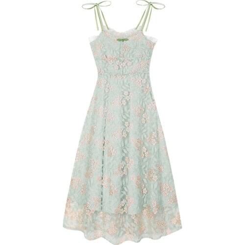 PERHAPS U Green Mesh Lace Floral Print Strap Sleeveless Dress Midi Sundress Elegant D1002