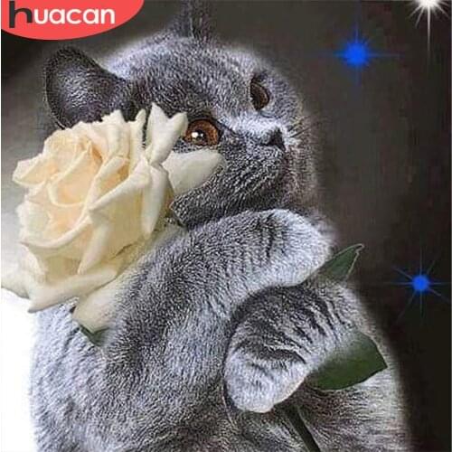 Huacan DIY Animal Diamond Painting Cross Stitch Full Square Round Diamond Embroidery Cat and Flower Mosaic Rhinestones Pictures