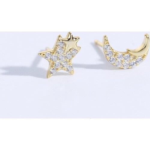 Small 925 Sterling Silver Earrings for Women Exquisite Micro Zircon Star Moon Asymmetrical Stud Earring Simple Fashion Jewelry