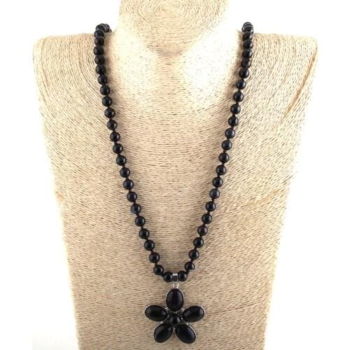 MOODPC Fashion Bohemian Tribal Jewelry Stripe Natural Stone Long Knotted Stone Flower Pendant Necklaces D