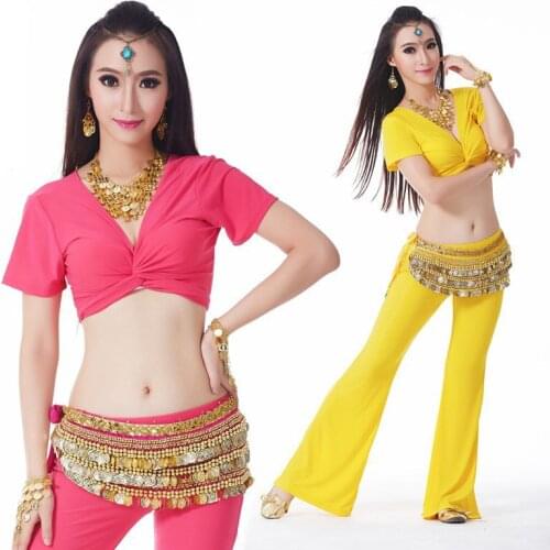 New cheap women sexy crystal cotton short-sleeve training pants set belly dance practice costume 3 pcs for sale