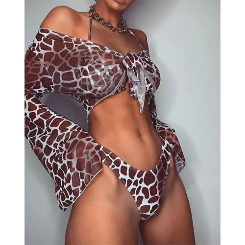 Sexy 3 Piece Swimsuit Women Leopard Print Push Up Padded Biquini Brazilian Summer Bathing Suit Long Sleeve Thong Bikini Swimwear