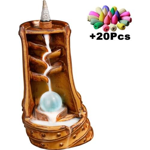 Gift 20Pcs Incense Cones Ceramic Backflow Incense Burner Creative Handmade Gift Home Decoration Feng Shui Ball Lucky Bamboo Set