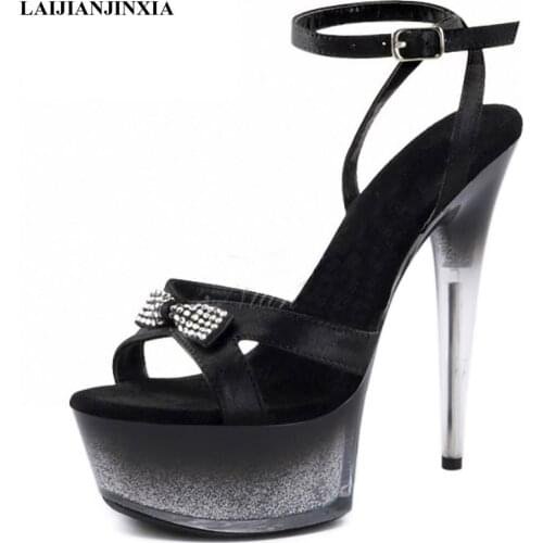 15 CM Super Thin Stripper Heels Platform Sandals Rhinestone Butterfly Buckle Strap Women Sexy Pole Dance Shoes Elegant Sandals