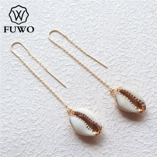 FUWO Natural Cowrie Shell Threader Earrings With 24K Gold Filled Edge Minimalist Design Carved Shell Earring Beach Jewelry ER513
