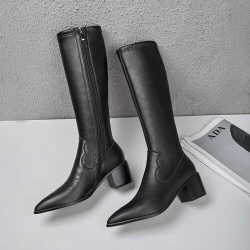 SKLFGXZY Winter New style Genuine leather Knee-high boots Women boots Stretch boots Female boots warm pointed Women shoes