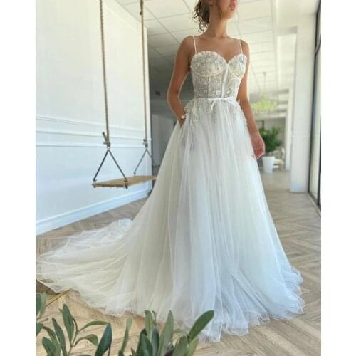 Appliques Tulle Wedding Dresses for Bride 2021 Spaghetti Straps Sweetheart Wedding Bridal Dress with Pockets vestidos de novia