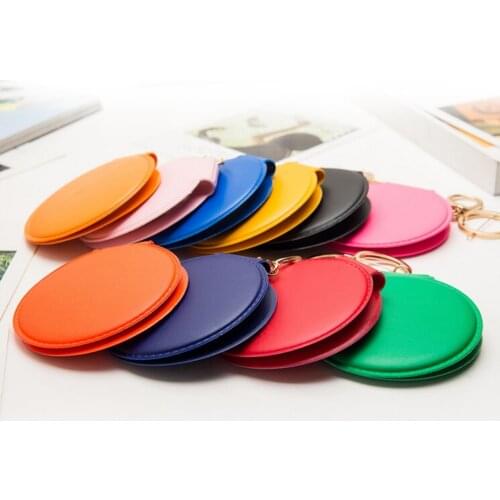 1PCS Portable Candy Color Mini PU Leather Pocket Makeup Mirror Key Chain Cosmetic Compact Mirrors Double Dual Sides Frame Girl